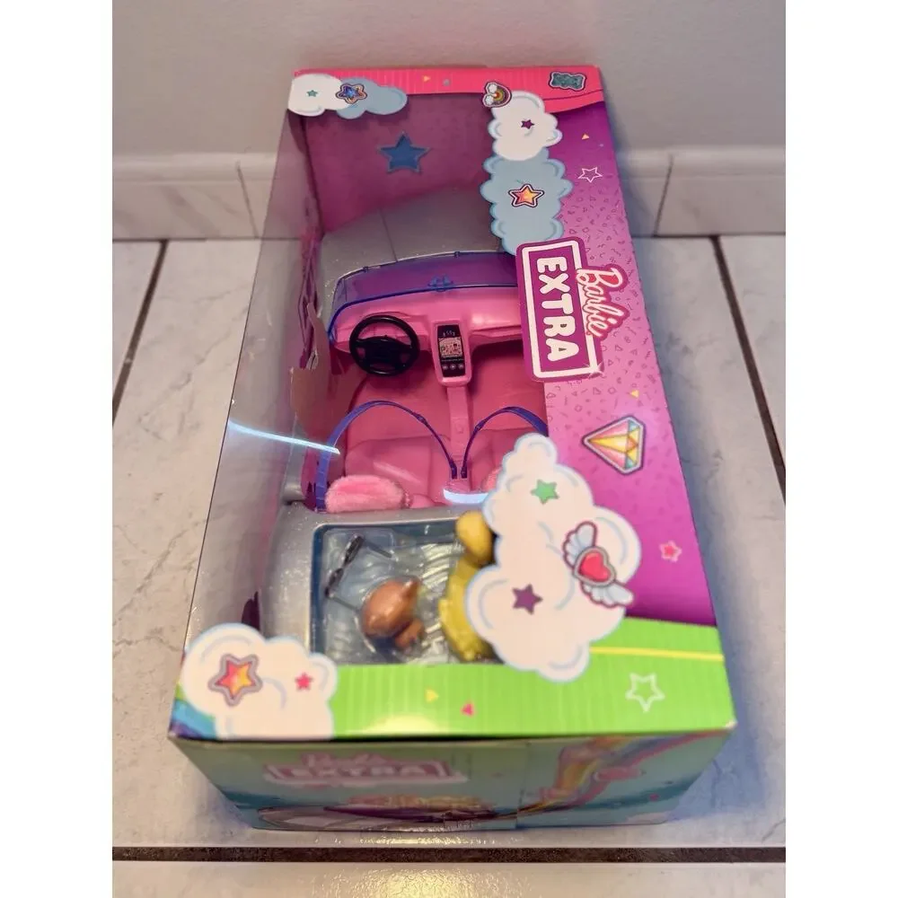 Barbie Car, Barbie Extra Set, Sparkly Silver 2-Seater Toy Convertible with Puppy